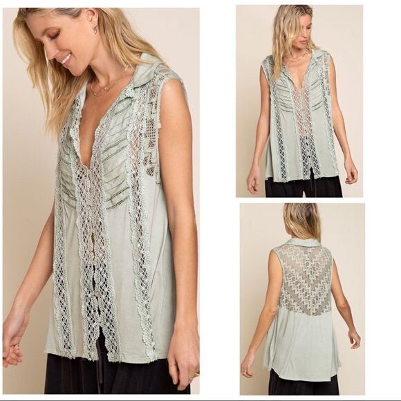 Sleeveless woven top in Desert Sage with Lace Accents - Picture 2 of 8